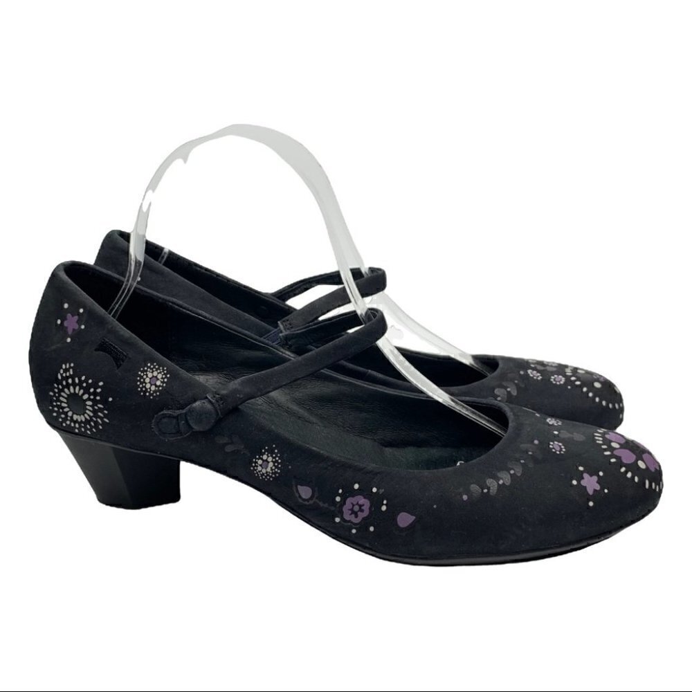 Camper heels sz 41 black purple nubuck suede floral maryjanes fairycore cosplay